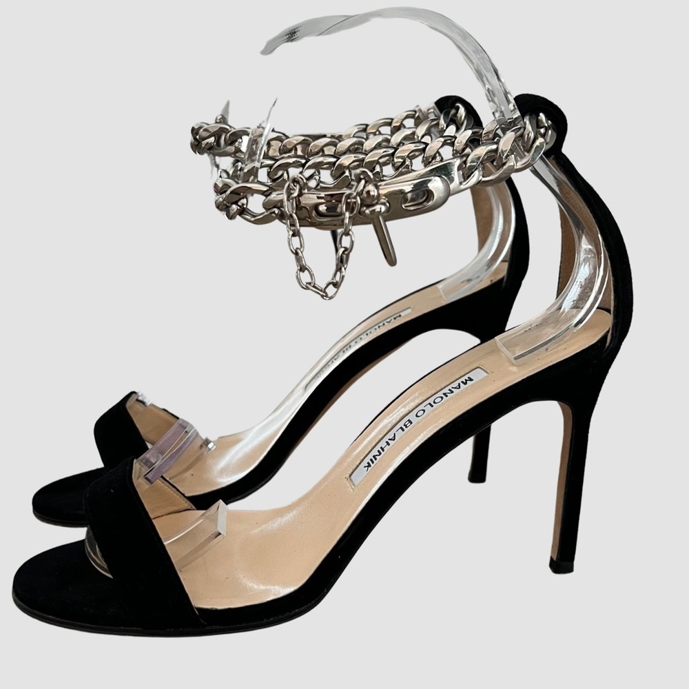Manolo Blahnik Black Suede High Heel Chain Sandals US7/ EU37 - Picture 2 of 7